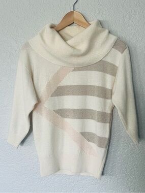 Marisa Christina Cream Cowl Neck Striped Pullover w lambs wool & angora Vintage